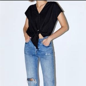 NWT Zara Tie Front Knot Black Shirt Size L